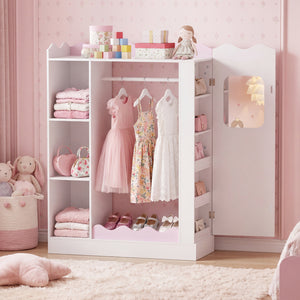 Kids Dress Up Storage with Mirrors and Hanging Rack and Shelves for Bedroom-Pink