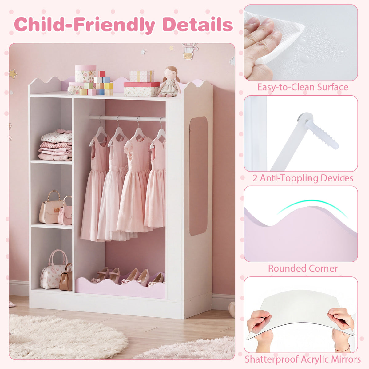 Kids Dress Up Storage with Mirrors and Hanging Rack and Shelves for Bedroom-Pink