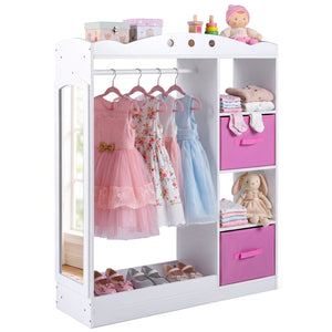 Kids Dress Up Storage with Full Length Mirror and Open Shelves- White