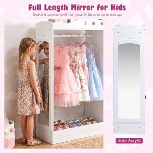 Kids Dress Up Storage with Full Length Mirror and Open Shelves- White
