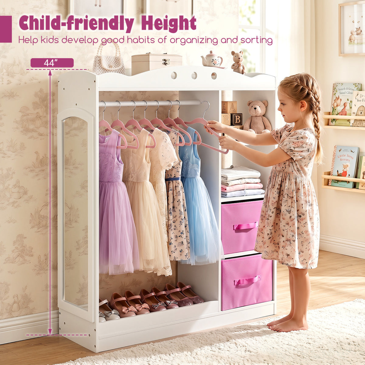 Kids Dress Up Storage with Full Length Mirror and Open Shelves- White