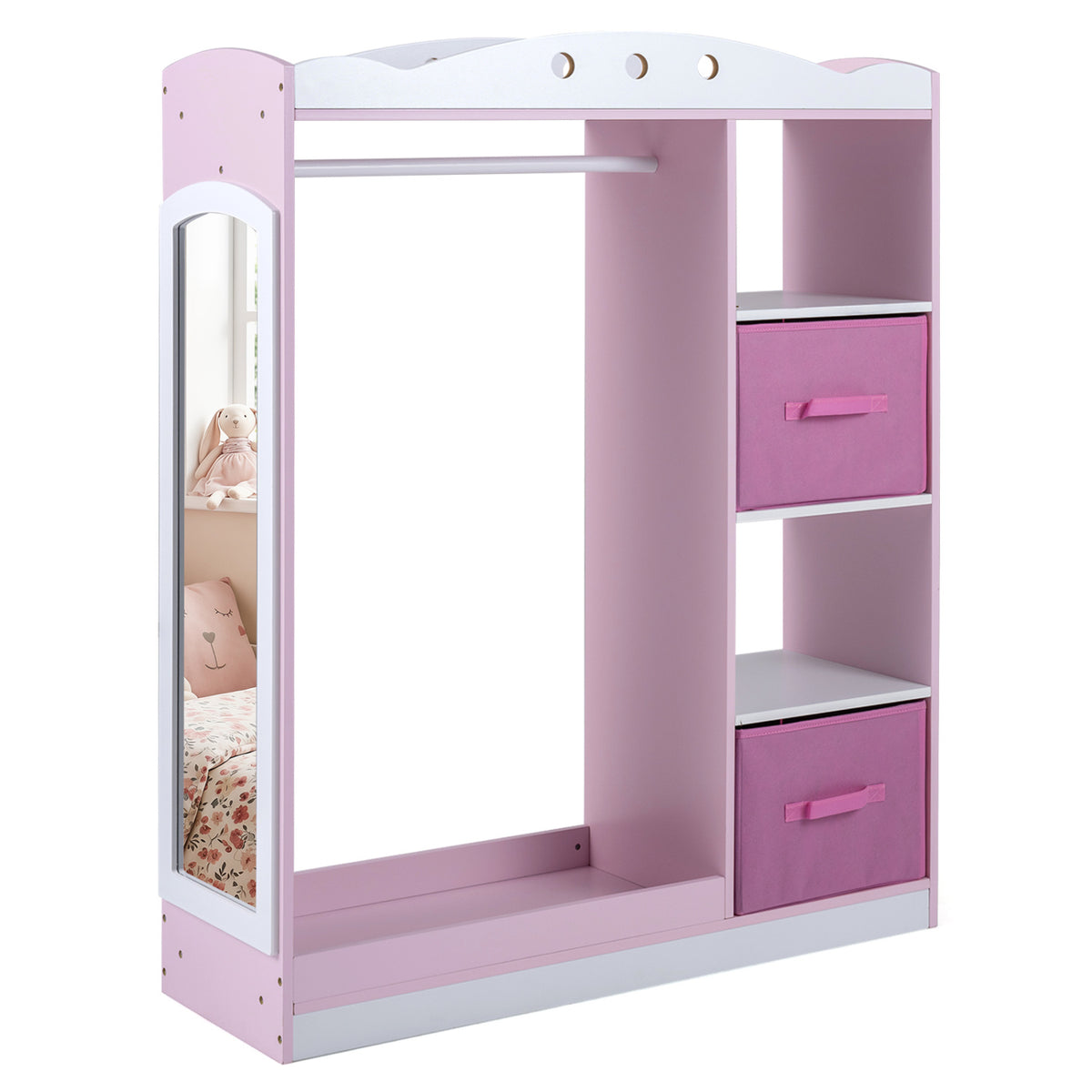 Kids Dress Up Storage with Full Length Mirror and Open Shelves-Pink