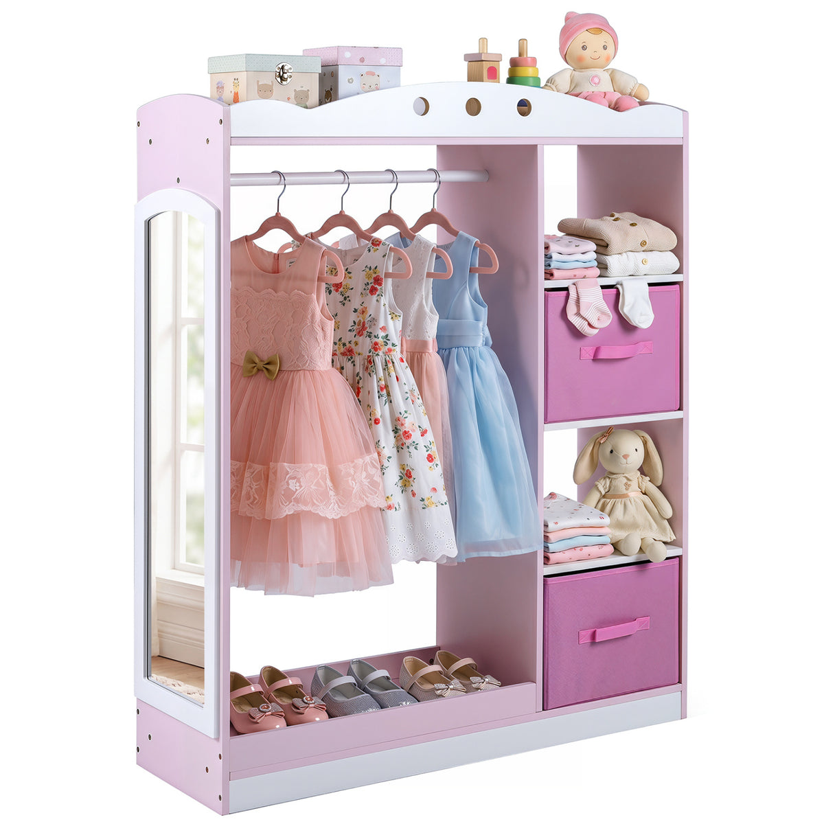 Kids Dress Up Storage with Full Length Mirror and Open Shelves-Pink