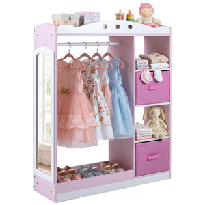 Kids Dress Up Storage with Full Length Mirror and Open Shelves-Pink