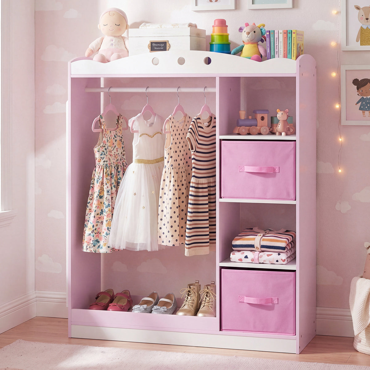 Kids Dress Up Storage with Full Length Mirror and Open Shelves-Pink