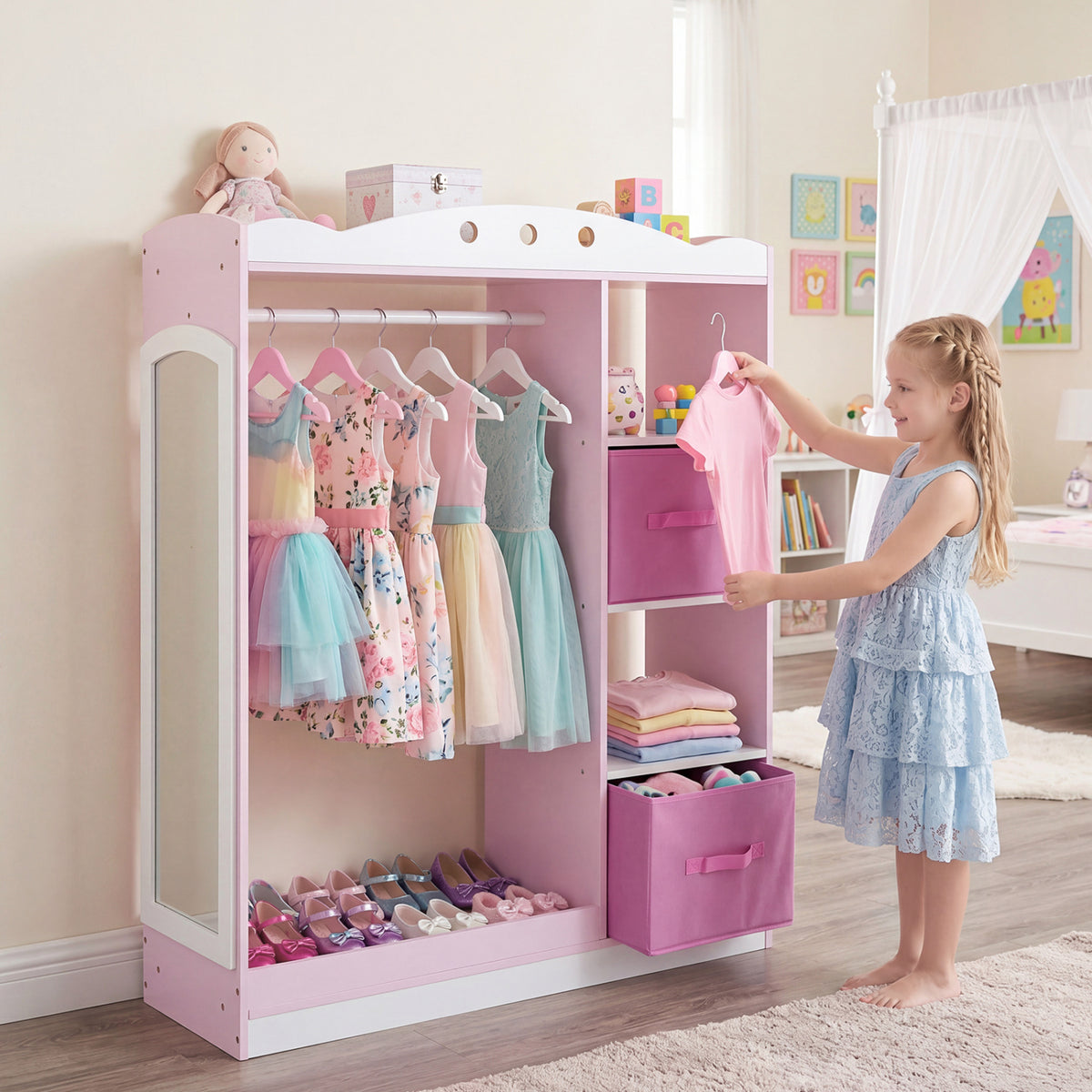 Kids Dress Up Storage with Full Length Mirror and Open Shelves-Pink