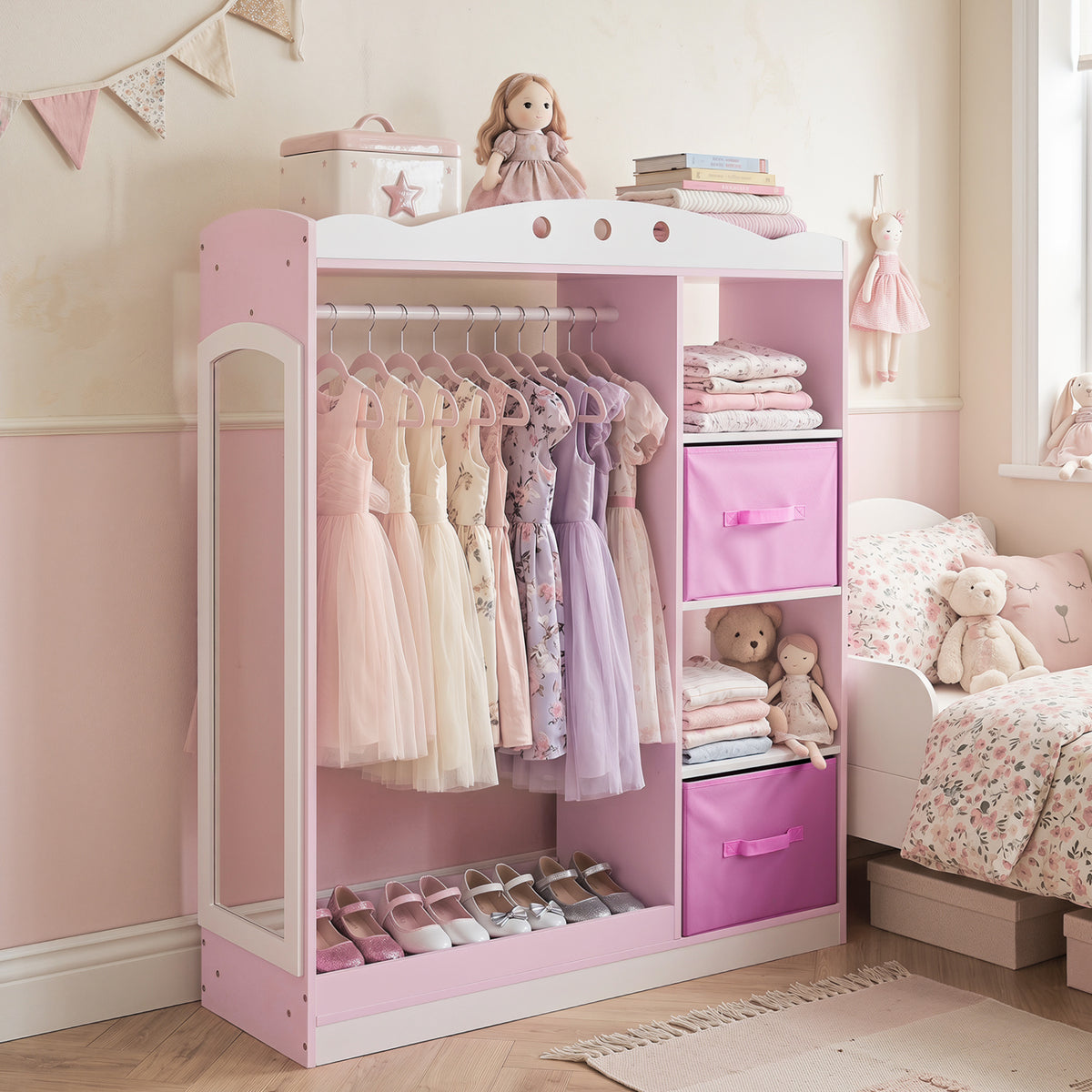 Kids Dress Up Storage with Full Length Mirror and Open Shelves-Pink