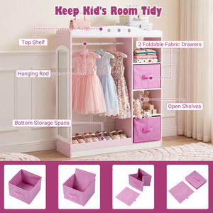 Kids Dress Up Storage with Full Length Mirror and Open Shelves-Pink