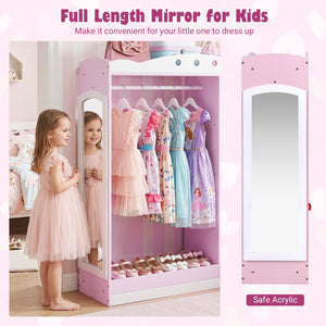 Kids Dress Up Storage with Full Length Mirror and Open Shelves-Pink