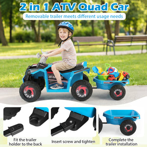6V Kids Electric ATV Quad Car with Detachable Trailer-Navy