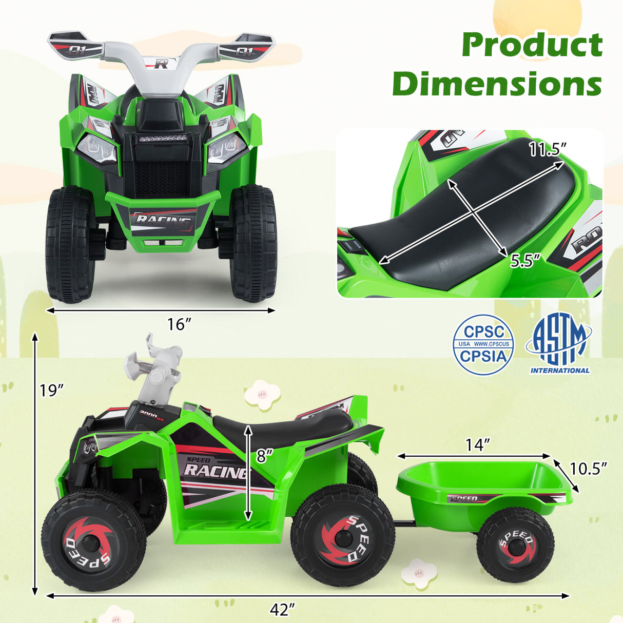 6V Kids Electric ATV Quad Car with Detachable Trailer-Green