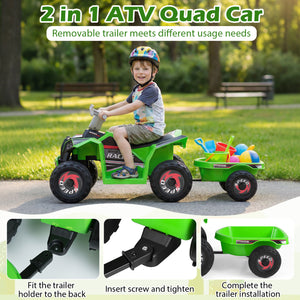 6V Kids Electric ATV Quad Car with Detachable Trailer-Green