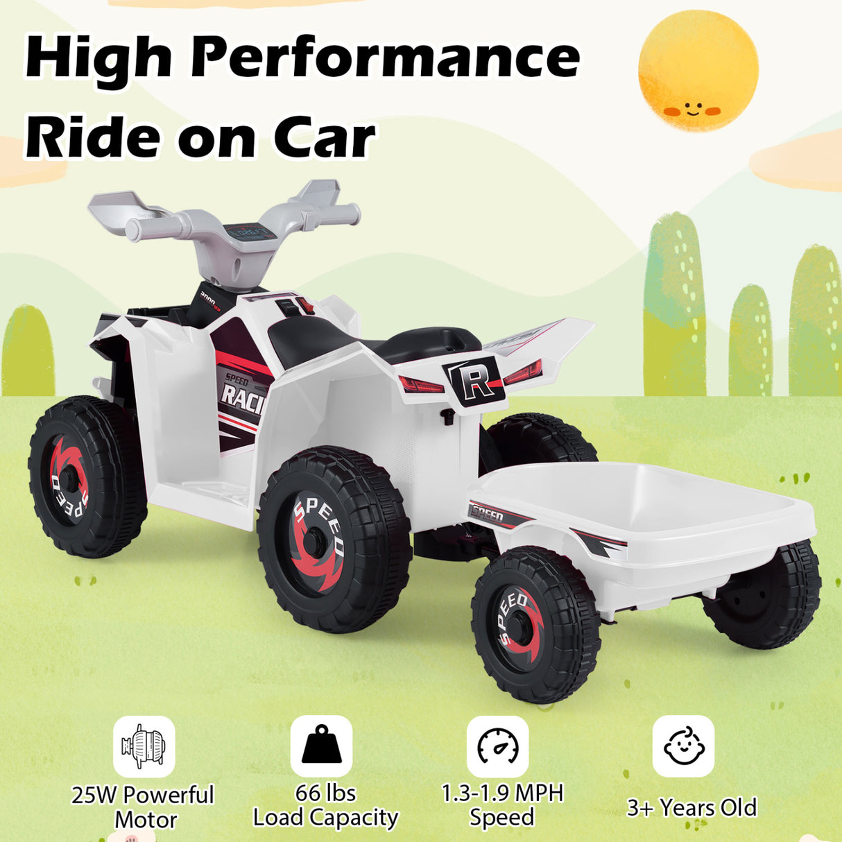 6V Kids Electric ATV Quad Car with Detachable Trailer-White