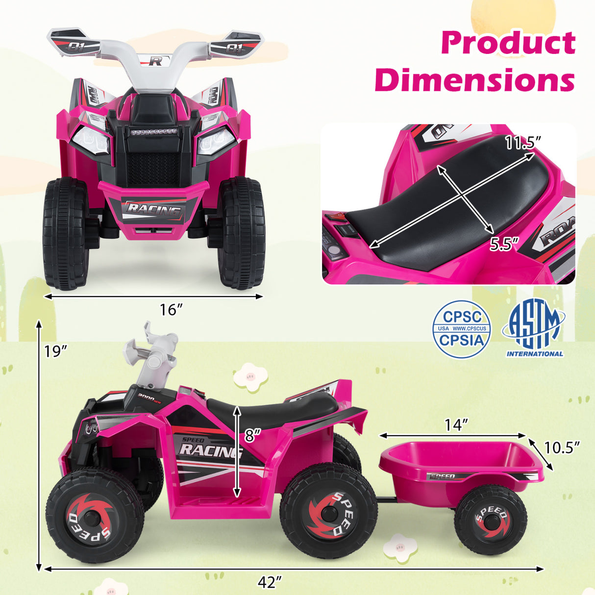 6V Kids Electric ATV Quad Car with Detachable Trailer-Rose Red