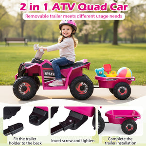 6V Kids Electric ATV Quad Car with Detachable Trailer-Rose Red