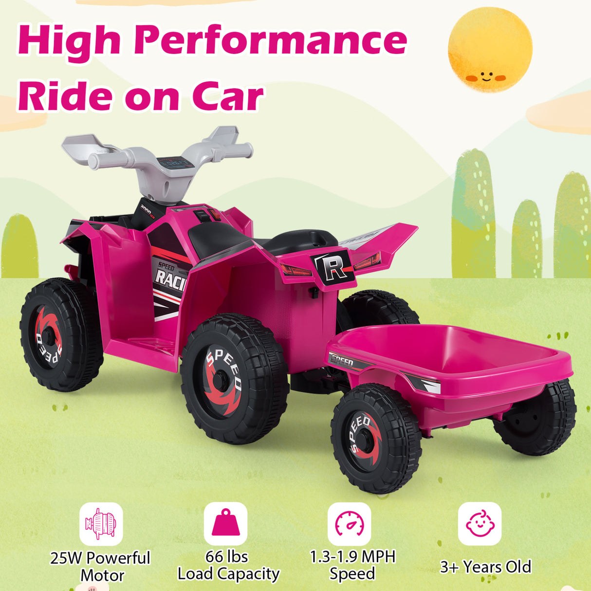 6V Kids Electric ATV Quad Car with Detachable Trailer-Rose Red
