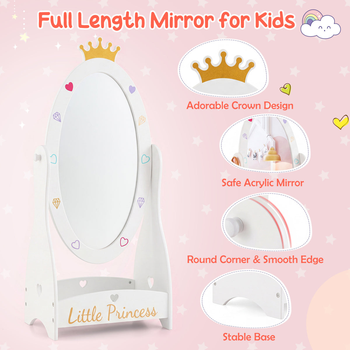 Kids Full Length Mirror with 360 Degree Rotatable Design and Shelf-White