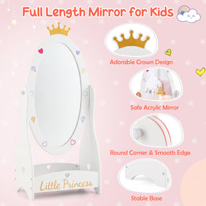 Kids Full Length Mirror with 360 Degree Rotatable Design and Shelf-White