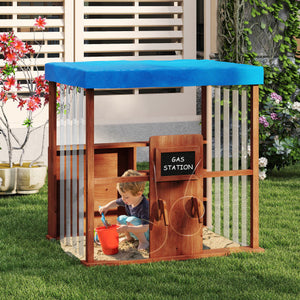 Kids Gas Station Playhouse with Gas Refueling Guns for Aged 3+-Brown