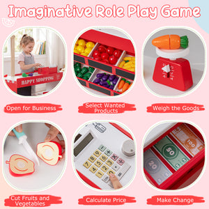 Kids Grocery Store Playset Wooden Pretend Play Supermarket with Shopping Cart-Red