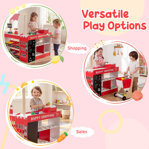 Kids Grocery Store Playset Wooden Pretend Play Supermarket with Shopping Cart-Red