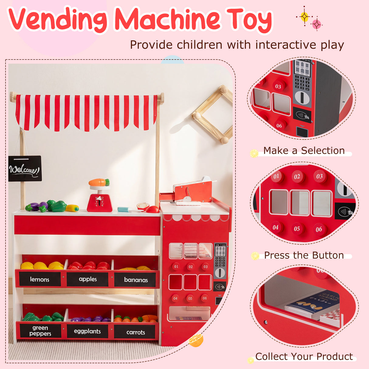 Kids Grocery Store Playset Wooden Pretend Play Supermarket with Shopping Cart-Red