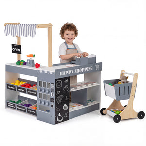 Kids Grocery Store Playset Wooden Pretend Play Supermarket with Shopping Cart-Gray