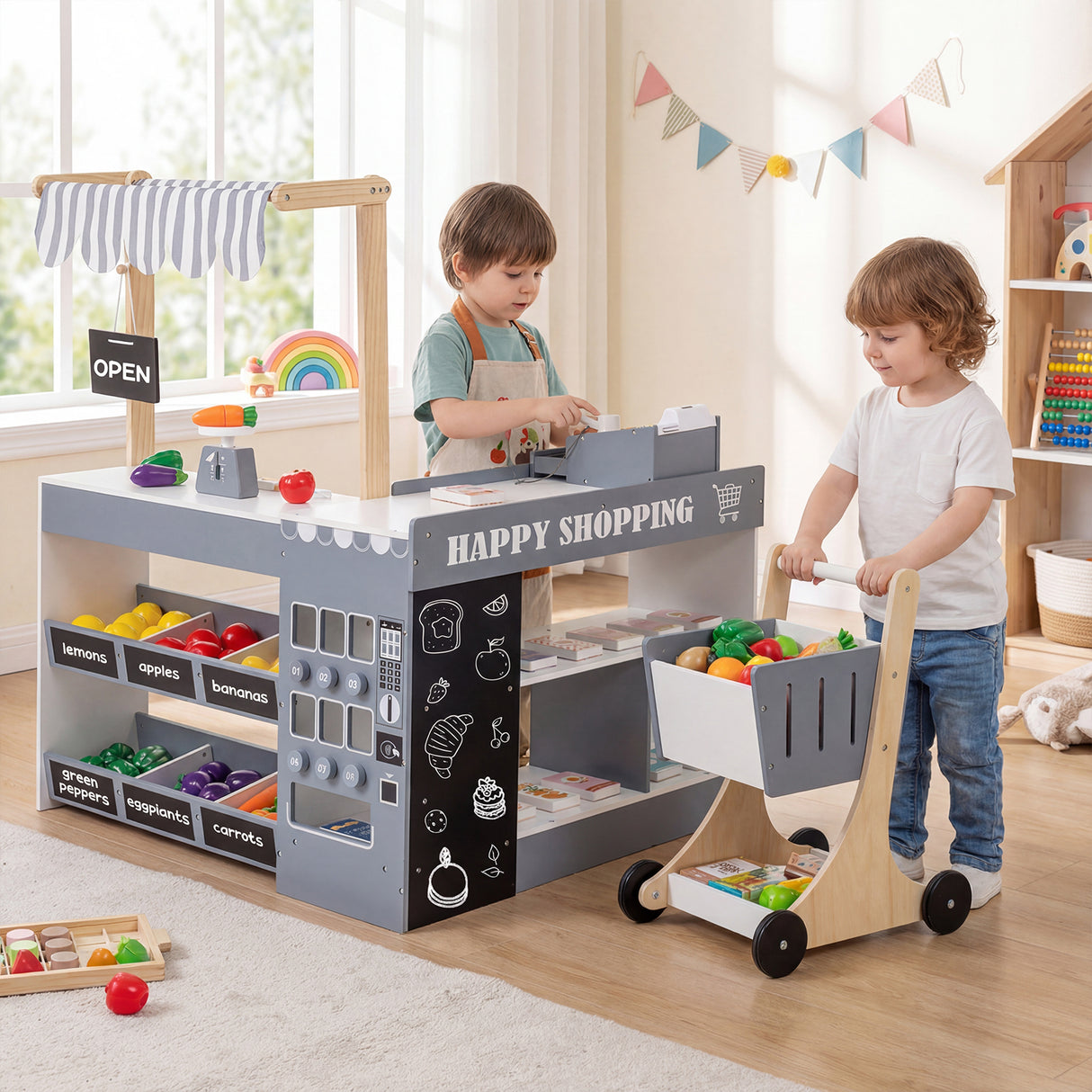 Kids Grocery Store Playset Wooden Pretend Play Supermarket with Shopping Cart-Gray