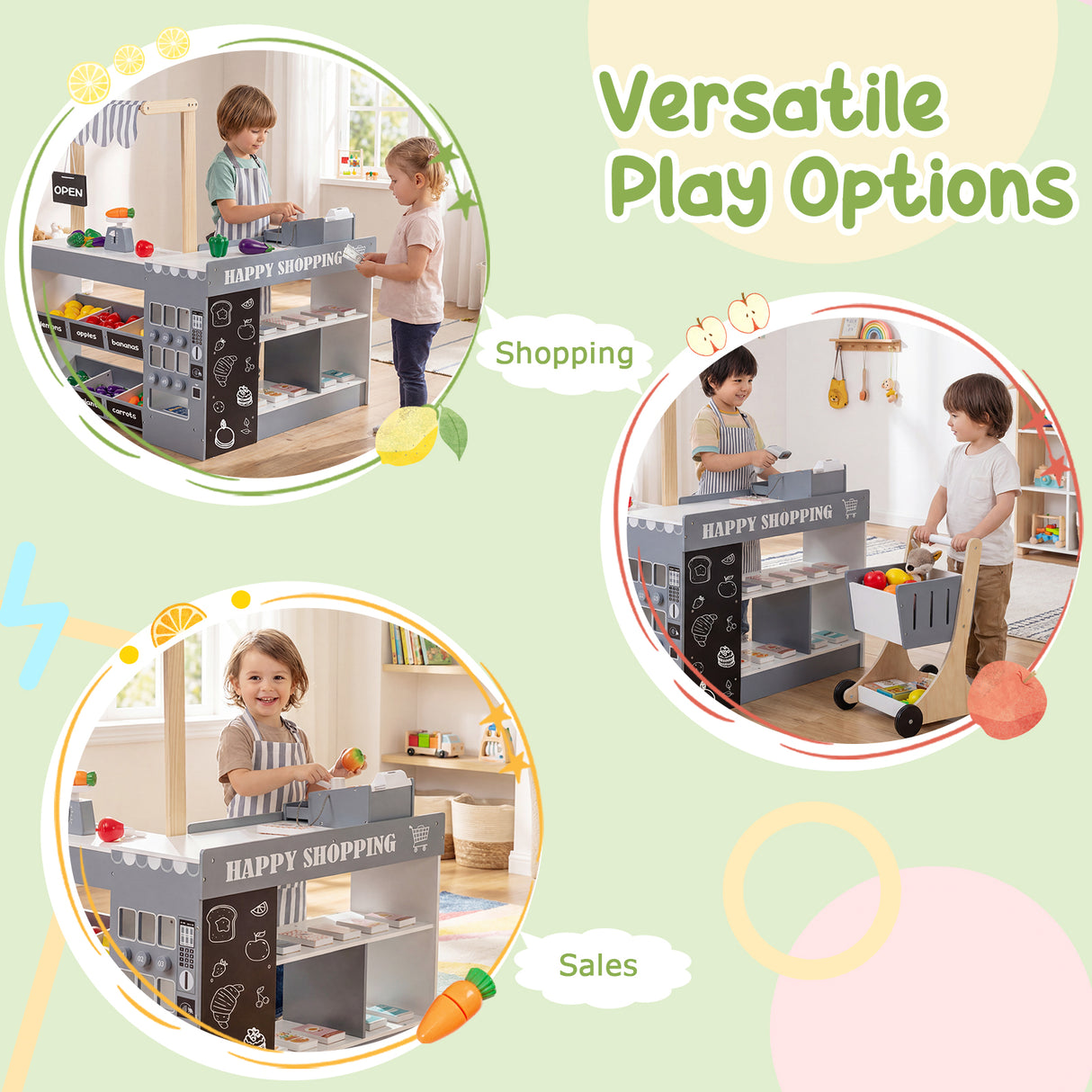 Kids Grocery Store Playset Wooden Pretend Play Supermarket with Shopping Cart-Gray