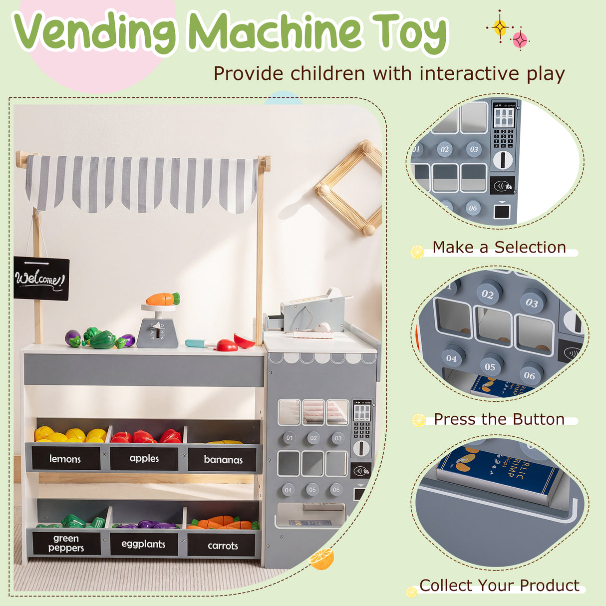 Kids Grocery Store Playset Wooden Pretend Play Supermarket with Shopping Cart-Gray