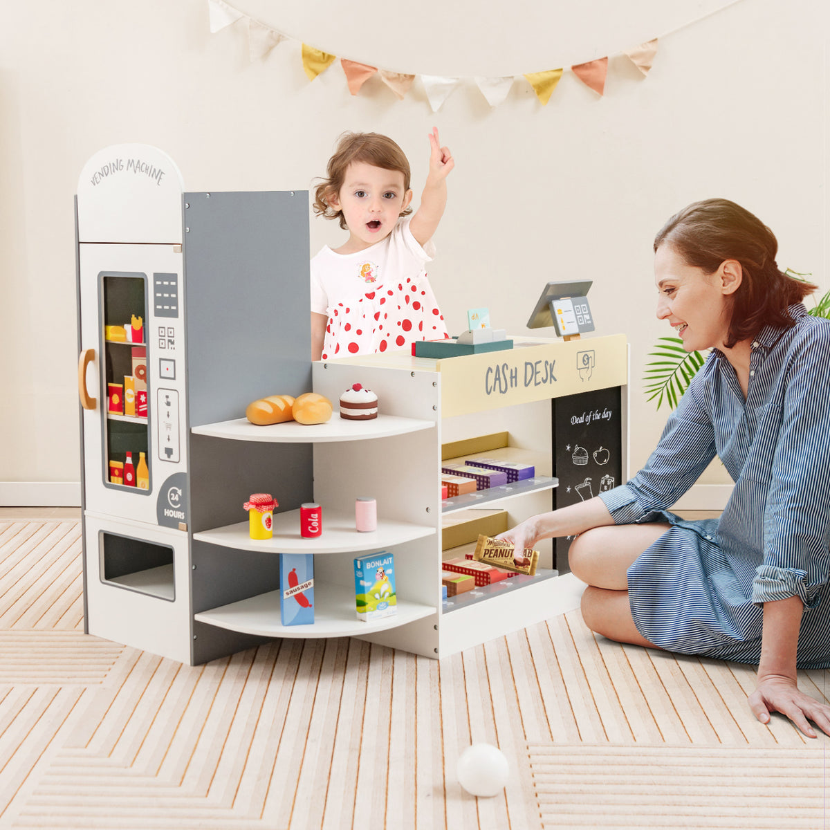 Kids Grocery Store Playset with Cash Register POS Machine-White