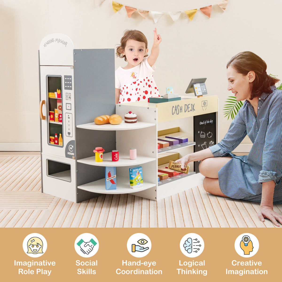 Kids Grocery Store Playset with Cash Register POS Machine-White