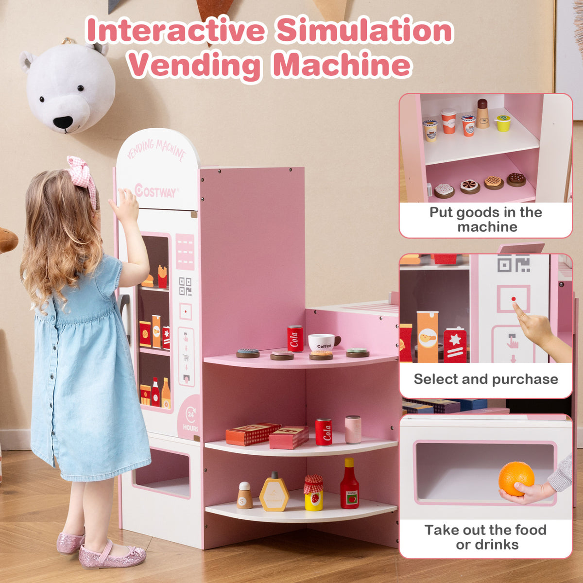 Kids Grocery Store Playset with Cash Register POS Machine-Pink