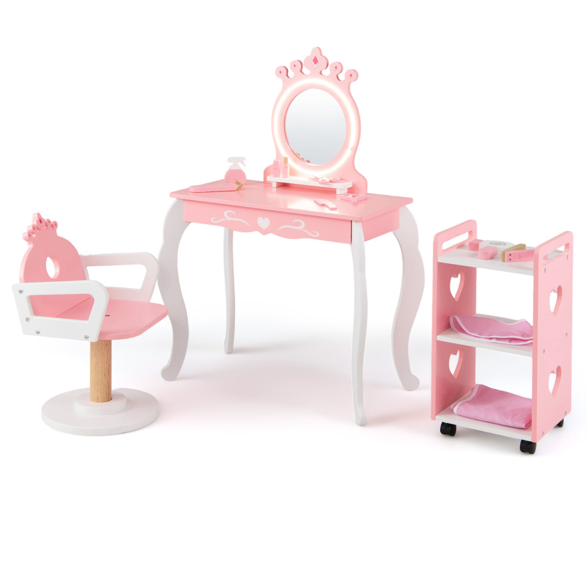 Kids Hair Salon Play Set with LED Lighted Mirror Wooden Pretend Hair Salon Station with Swivel Barber Chair-Pink