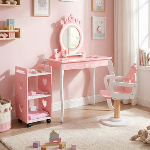 Kids Hair Salon Play Set with LED Lighted Mirror Wooden Pretend Hair Salon Station with Swivel Barber Chair-Pink