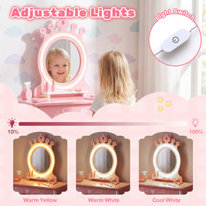 Kids Hair Salon Play Set with LED Lighted Mirror Wooden Pretend Hair Salon Station with Swivel Barber Chair-Pink