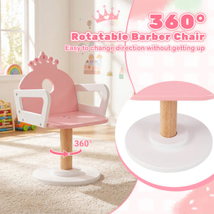 Kids Hair Salon Play Set with LED Lighted Mirror Wooden Pretend Hair Salon Station with Swivel Barber Chair-Pink
