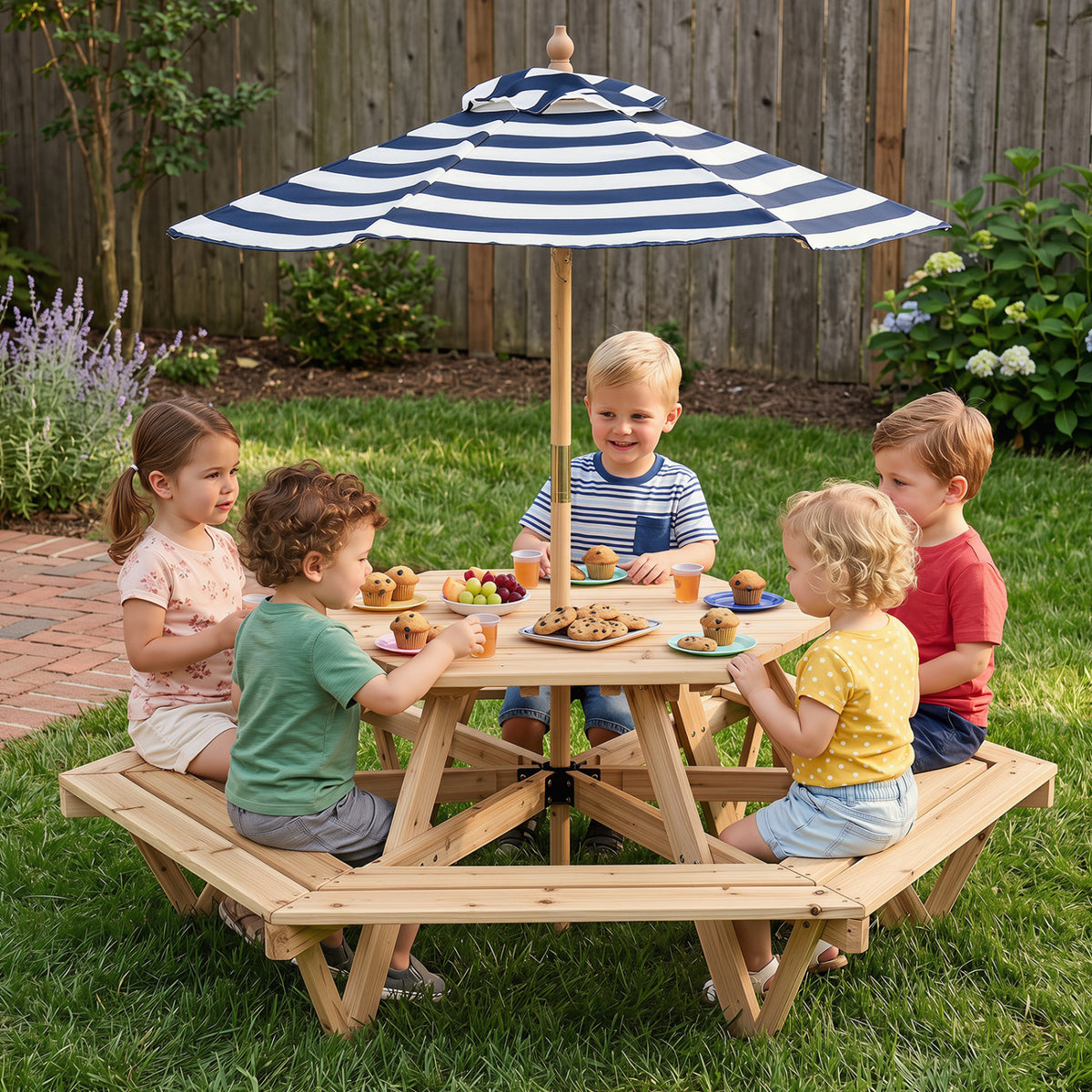 Kids Hexagonal Picnic Table with Adjustable Umbrella and Chairs-Natural