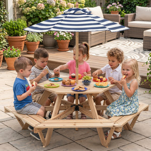 Kids Hexagonal Picnic Table with Adjustable Umbrella and Chairs-Natural