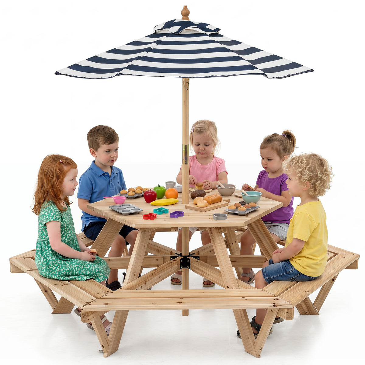 Kids Hexagonal Picnic Table with Adjustable Umbrella and Chairs-Natural