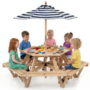 Kids Hexagonal Picnic Table with Adjustable Umbrella and Chairs-Natural