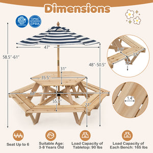 Kids Hexagonal Picnic Table with Adjustable Umbrella and Chairs-Natural