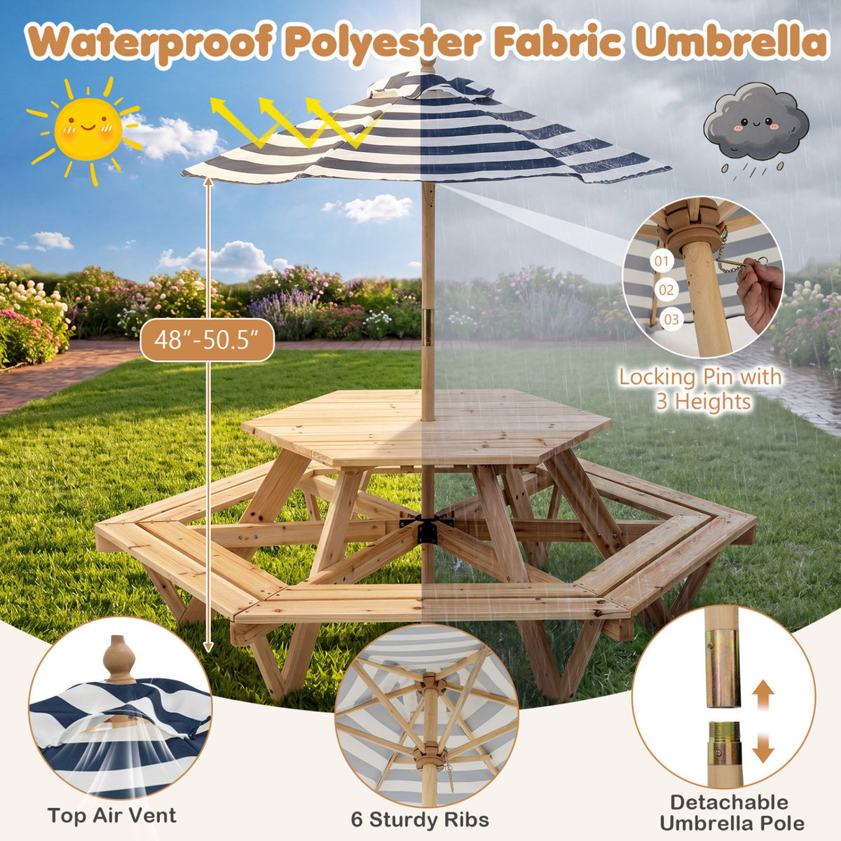 Kids Hexagonal Picnic Table with Adjustable Umbrella and Chairs-Natural
