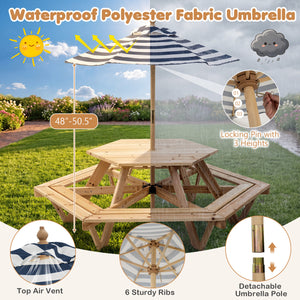 Kids Hexagonal Picnic Table with Adjustable Umbrella and Chairs-Natural