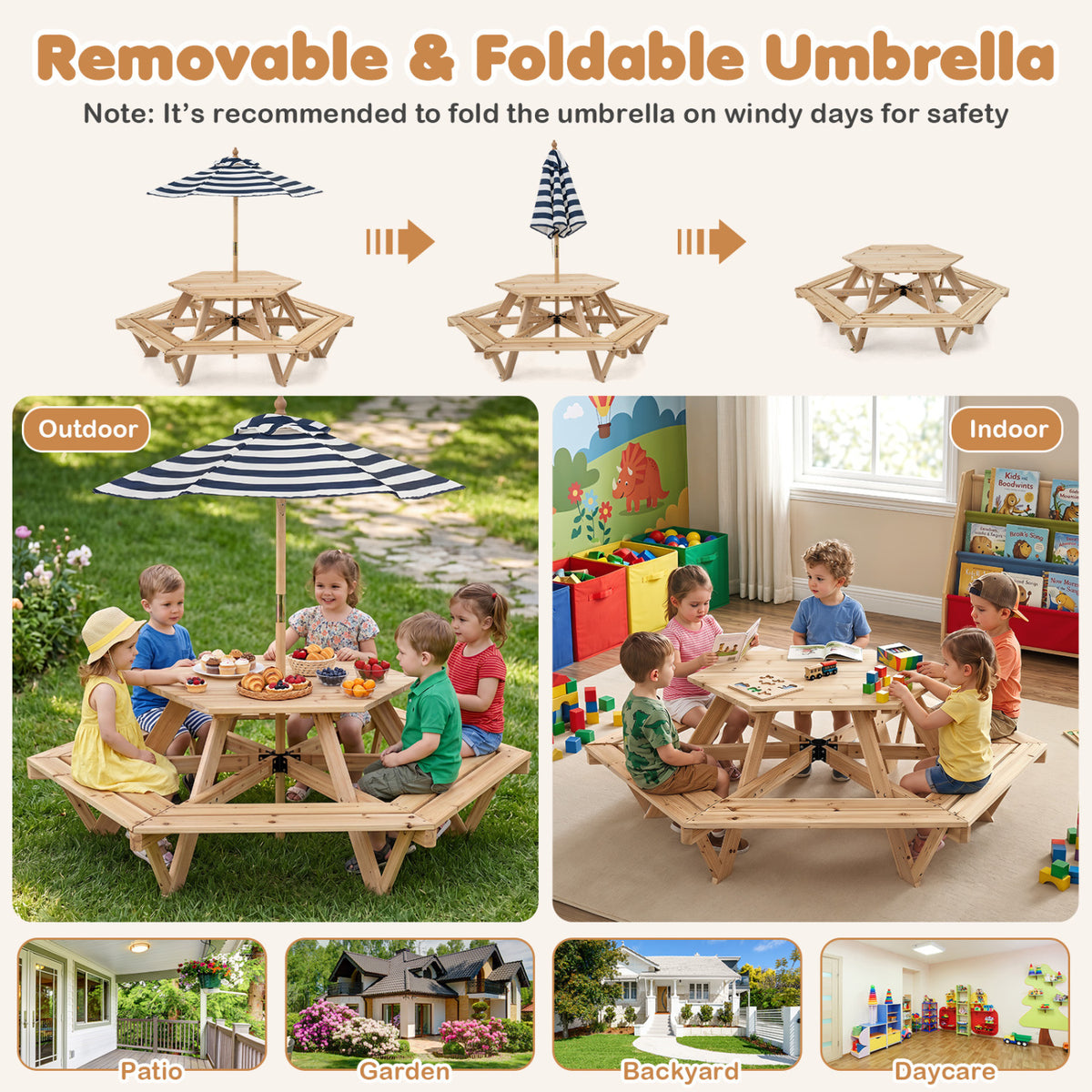Kids Hexagonal Picnic Table with Adjustable Umbrella and Chairs-Natural