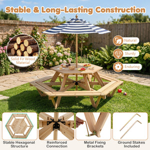 Kids Hexagonal Picnic Table with Adjustable Umbrella and Chairs-Natural