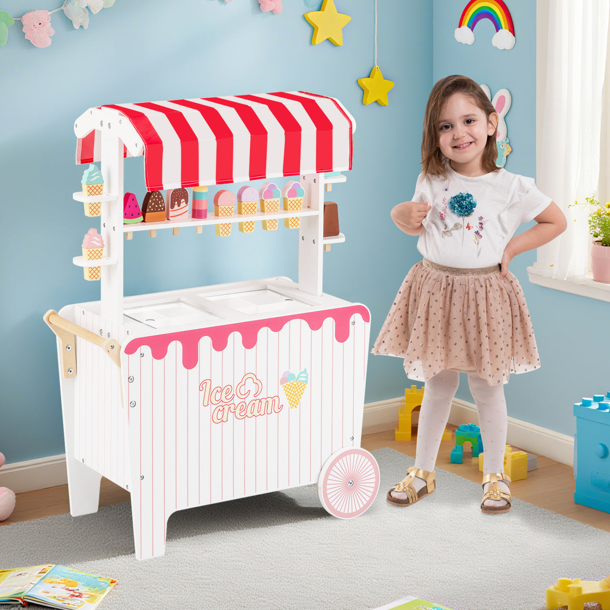 Kids Ice Cream Cart Playset with Display Rack and Accessories-Red