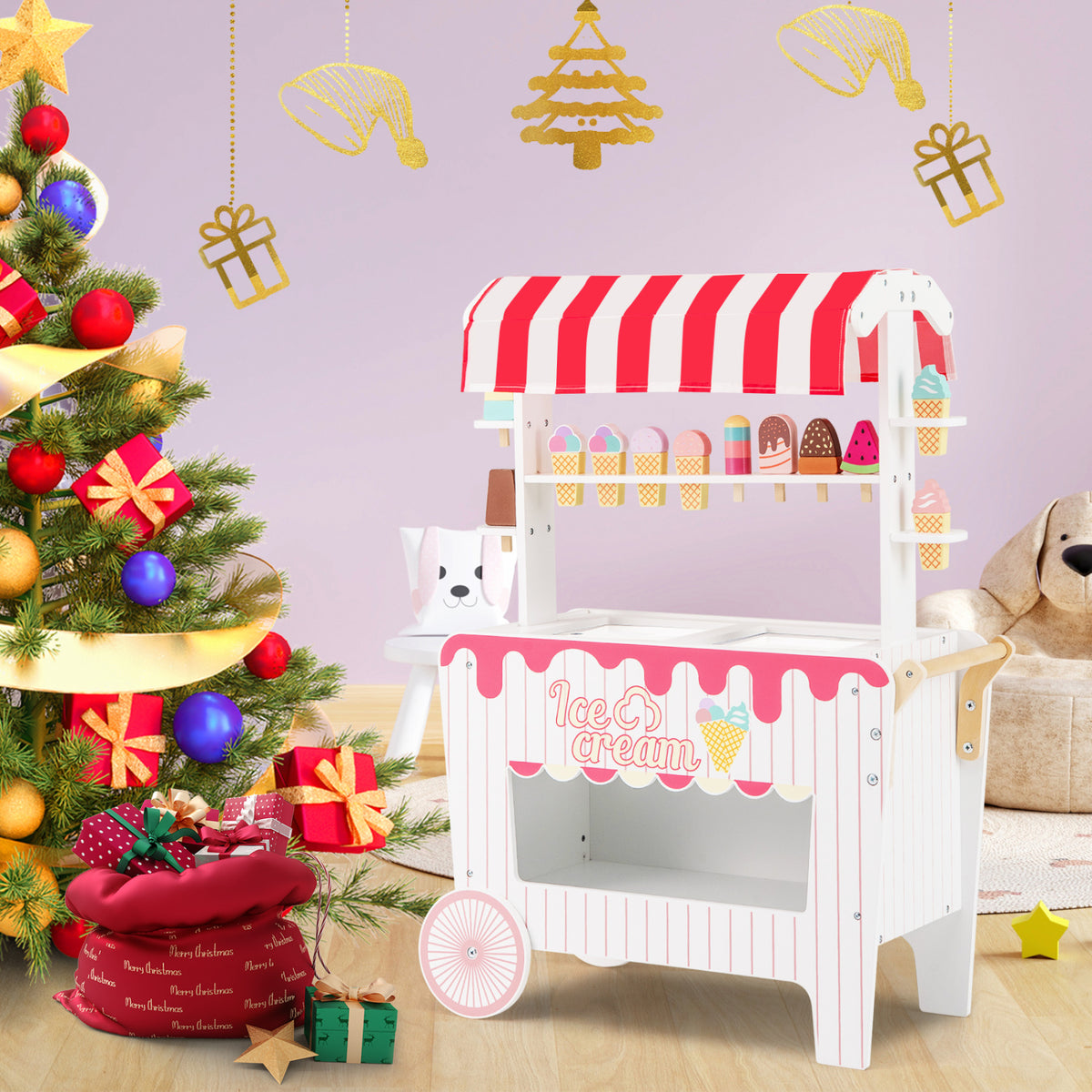 Kids Ice Cream Cart Playset with Display Rack and Accessories-Red