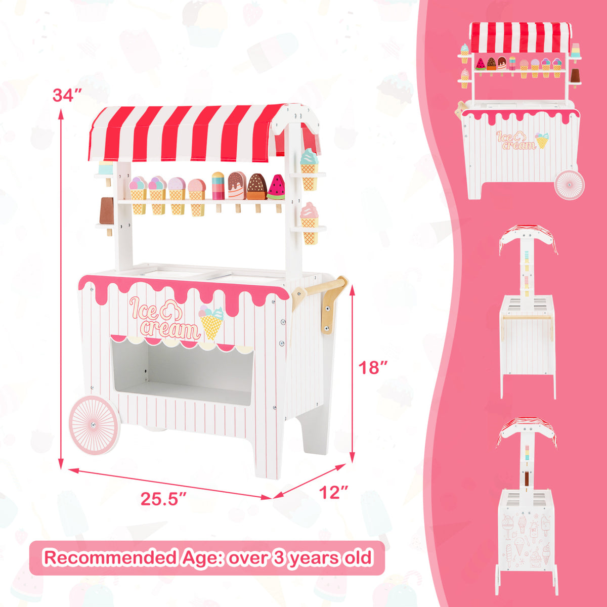 Kids Ice Cream Cart Playset with Display Rack and Accessories-Red