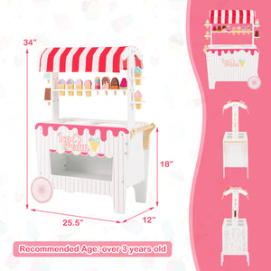 Kids Ice Cream Cart Playset with Display Rack and Accessories-Red